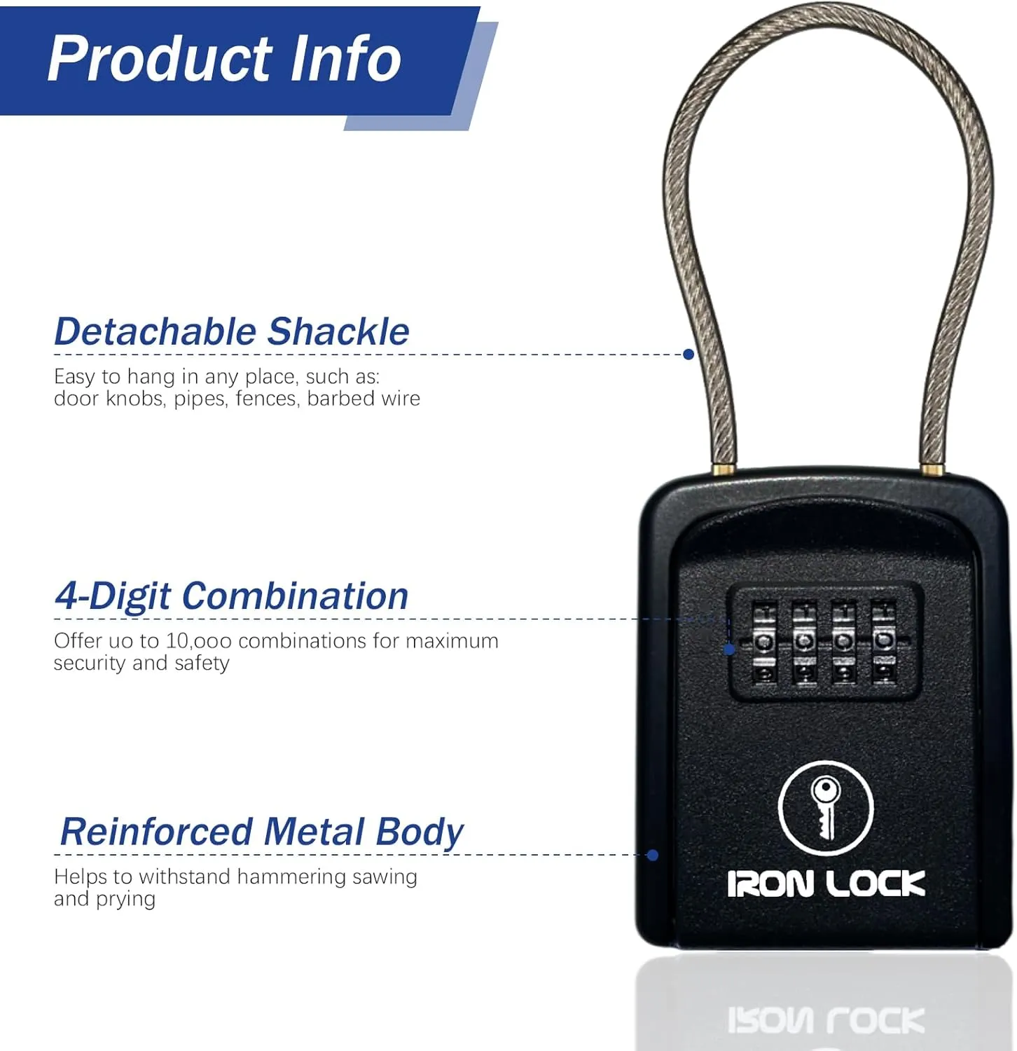 Iron Lock® - Key Lock Box Portable with Removable Cable Shackle Indoor Outdoor Waterproof 4 Digit Combination with Resettable Code with A B Switch Key Lockbox for Outside Hold Spare Keys for Realtors
