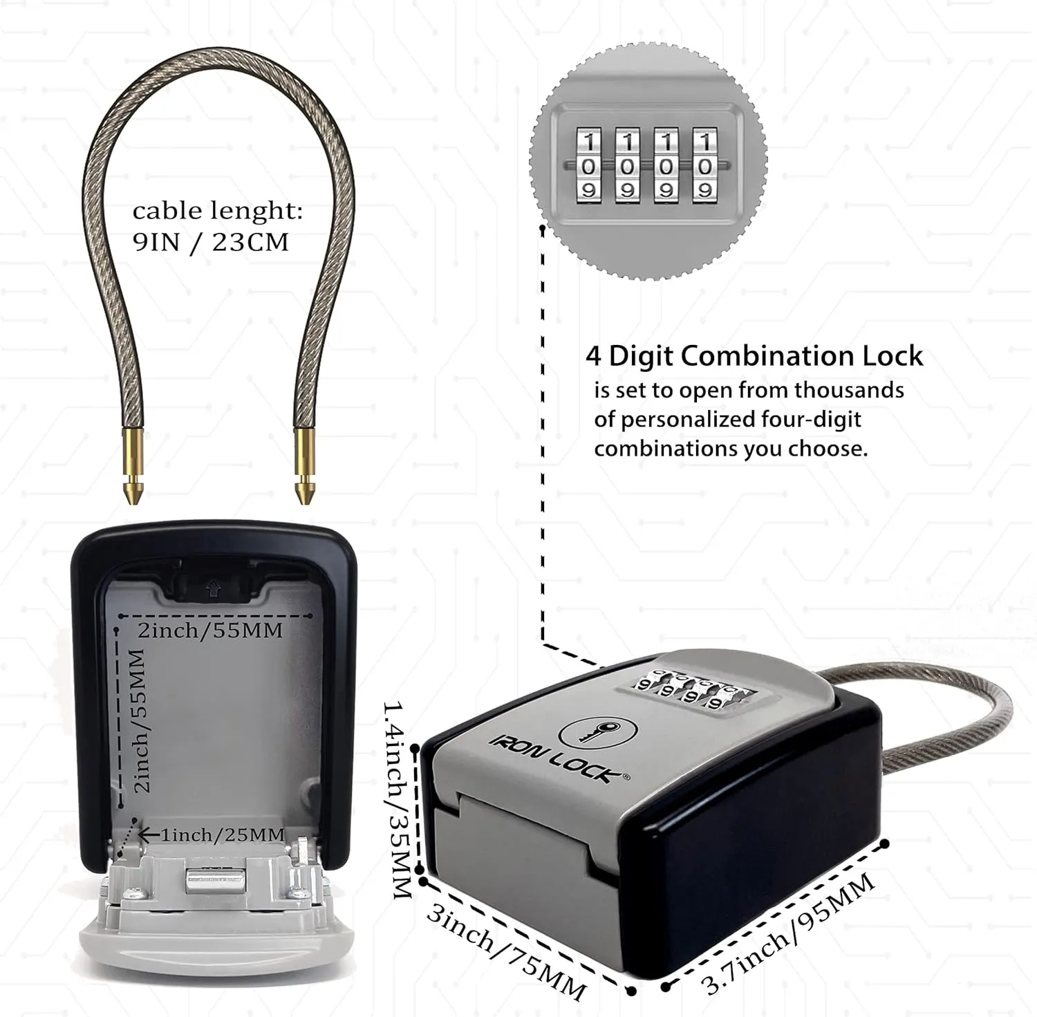Iron Lock® - Key Lock Box Portable with Removable Cable Shackle Indoor Outdoor Waterproof 4 Digit Combination with Resettable Code with A B Switch Key Lockbox for Outside Hold Spare Keys for Realtors