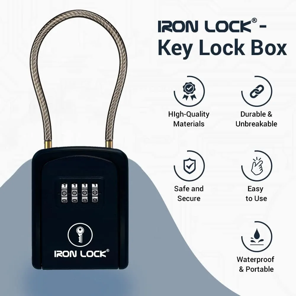 Iron Lock® - Key Lock Box Portable with Removable Cable Shackle Indoor Outdoor Waterproof 4 Digit Combination with Resettable Code with A B Switch Key Lockbox for Outside Hold Spare Keys for Realtors
