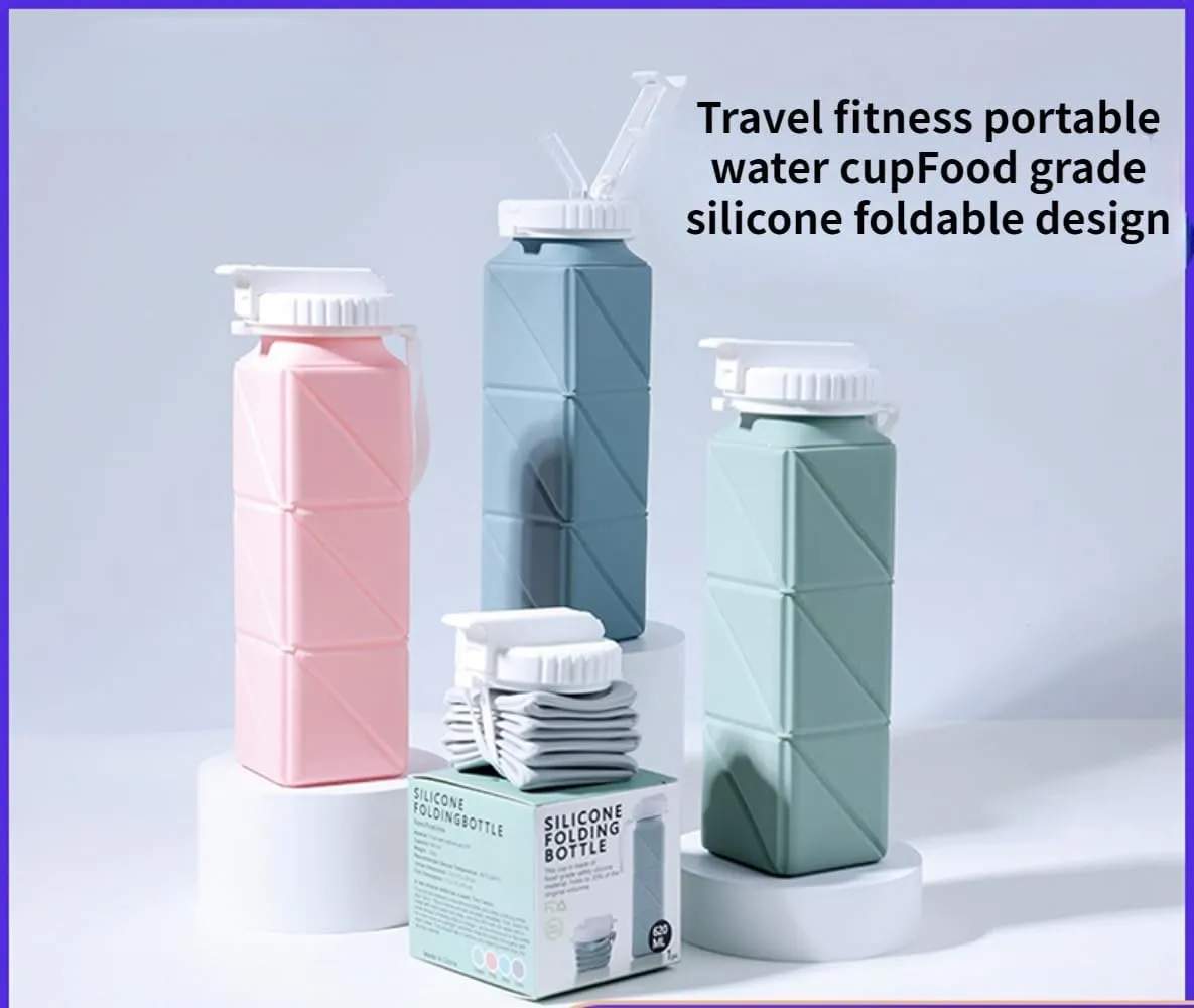 ISOLAY Collapsible Travel Cup Silicone Lightweight Large Capacity Folding Sport Bottle with Lids Scald-Proof Drinking Cup (Grey), Gray