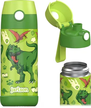 Jarlson® Mali Children's Water Bottle, Thermal Stainless Steel Water Bottle, BPA-Free, Leak-Proof, Children's Bottle with Chug Lid, Bottle for School, Nursery (Dinosaur 'Star', 350 ml)