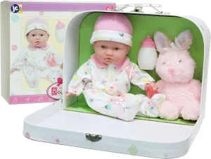 JC Toys - La Baby Travel Case Gift Set| Caucasian 11-inch Small Soft Body Baby Doll | Washable | Cute Outfit, Bottle, Pacifier & Plush Bunny | for Children 12 Months  , Pink
