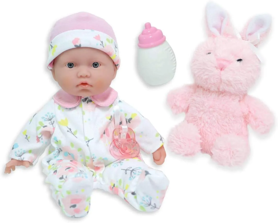 JC Toys - La Baby Travel Case Gift Set| Caucasian 11-inch Small Soft Body Baby Doll | Washable | Cute Outfit, Bottle, Pacifier & Plush Bunny | for Children 12 Months  , Pink