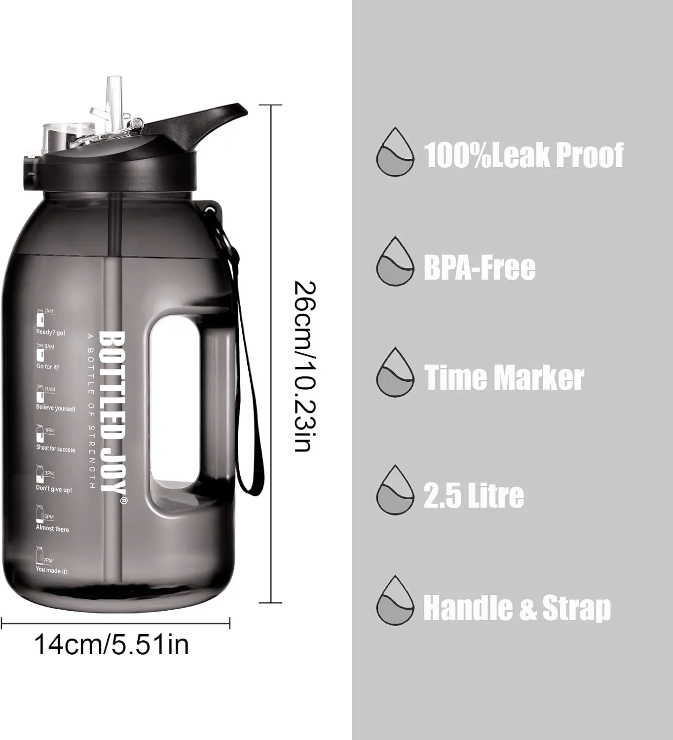 JIMACRO 2 In 1 Water Bottle with Straw and Chug Lid, 2.5L BOTTLED JOY Sports Water Bottle with Time Markings and Wide Mouth, Reusable BPA Free Water Bottles and Leak Proof Durable for Gym Exercise