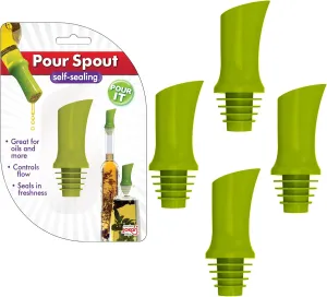 Jokari Pour Spout Pro Series Flip & Pour Top Silicone Dispenser, Air-Tight, Self-Sealing, For Syrup, Olive Oil, Balsamic Vinegar & Salad Dressings, Dishwasher Safe BPA-Free Kitchen Gadget (4 piece)