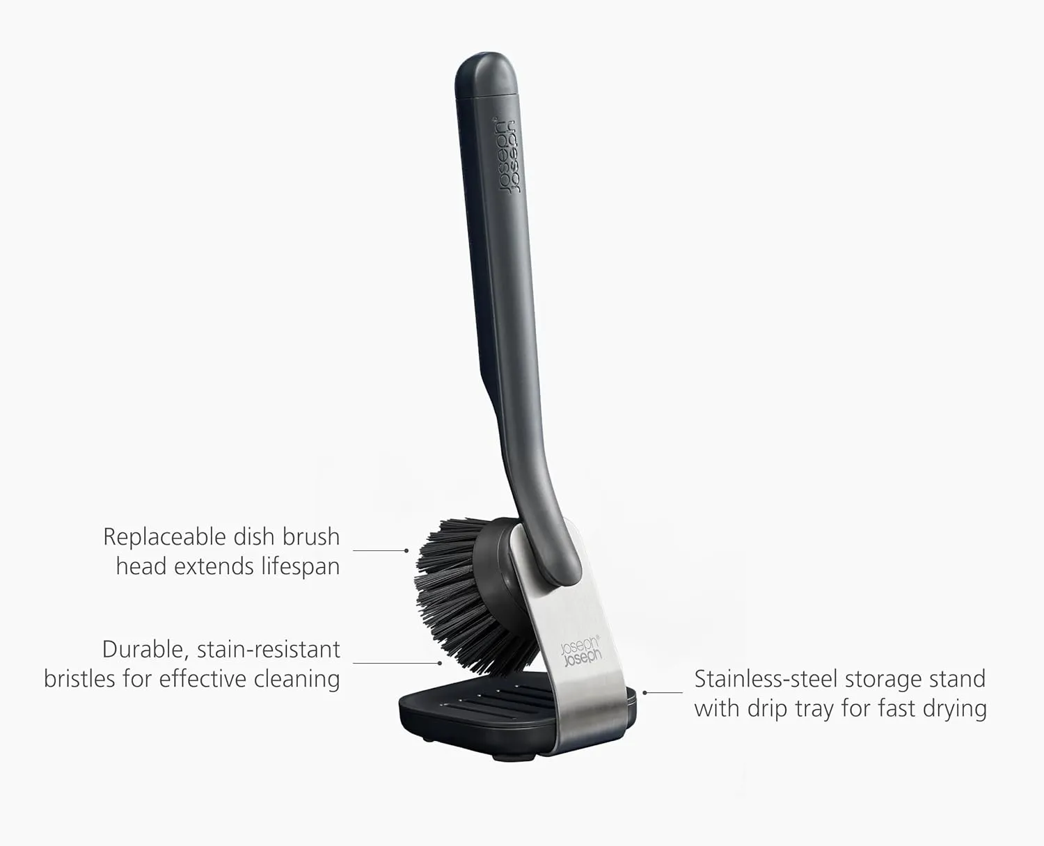 Joseph Joseph SinkTech Dish Brush with Replacement Head and Stainless-Steel Storage Stand Drip Tray