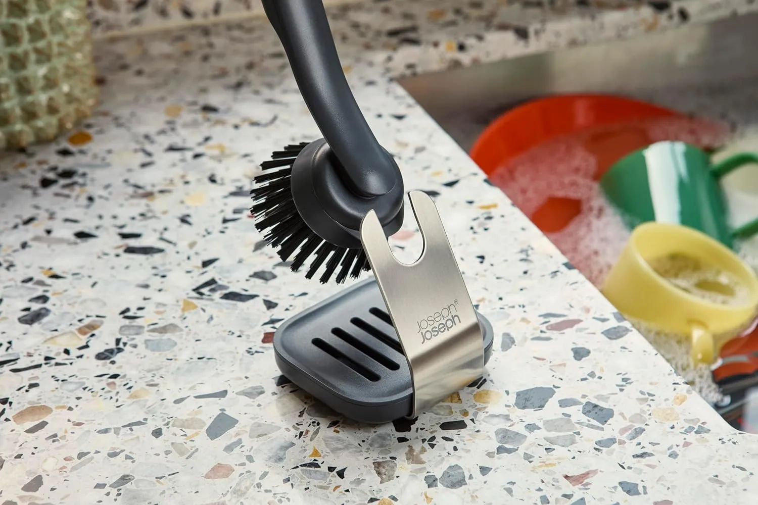 Joseph Joseph SinkTech Dish Brush with Replacement Head and Stainless-Steel Storage Stand Drip Tray
