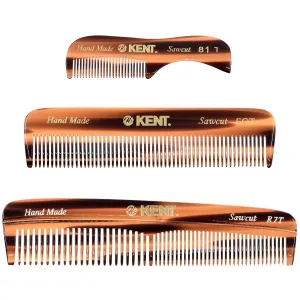 Kent Set Men's Hair Pocket Combs, Tortoise 81T X-Small, FOT All Fine Tooth, R7t Double Toothed Fine and Coarse. Best Hair, Beard and Mustache Grooming Kit for Travel and Home Care, Handmade in England