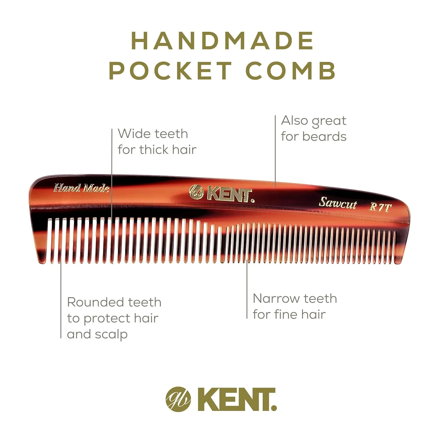 Kent Set Men's Hair Pocket Combs, Tortoise 81T X-Small, FOT All Fine Tooth, R7t Double Toothed Fine and Coarse. Best Hair, Beard and Mustache Grooming Kit for Travel and Home Care, Handmade in England