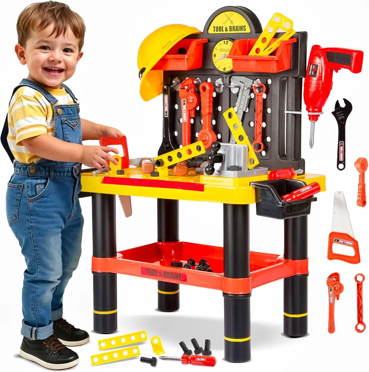Kids Tool Bench Kids Workbench - 50 Pcs Kids Tool Set Toll Bench for Toddlers Kids Tool Box with Drill and Helmet Kids Tool Kit ToolsandBrains, Kp2646 Yellow 4I-DWVG-4YAJ