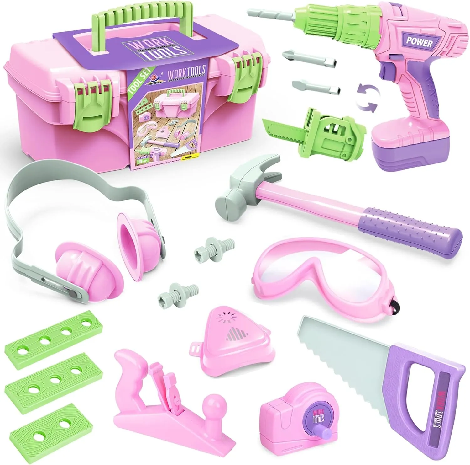 Kids Tool Set, Toddler Tool Set with Electric Toy Drill Tool Box Pretend Play Construction Toy Tools for Girls, Preschool Pink Tools Toy Gifts for Girls Toddlers Kids Aged 3 