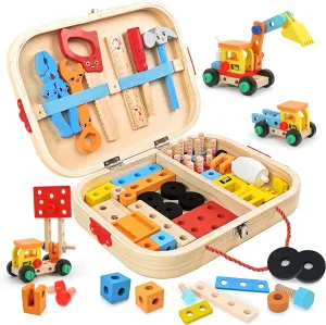 Kids Tool Set Toys for Toddlers 3 4 5 Years Old, Wooden Pretend Play STEM Construction Kits with Tool Box, Montessori Educational Learning Construction Toy for Boys Girls