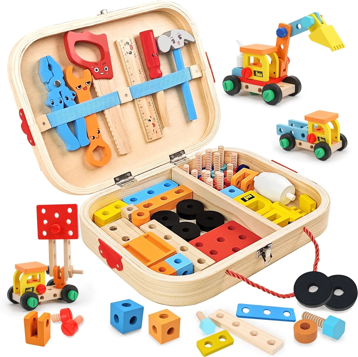Kids Tool Set Toys for Toddlers 3 4 5 Years Old, Wooden Pretend Play STEM Construction Kits with Tool Box, Montessori Educational Learning Construction Toy for Boys Girls