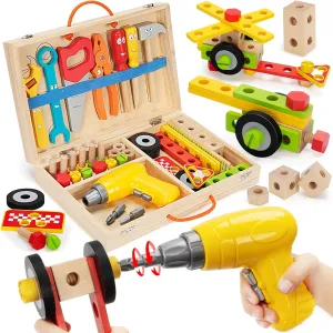 Kids Tool Set with Electric Drill, 46 Pcs Wooden Toddler Play Tools Set with Tool Box, Montessori STEM Educational Construction Building Toy for 3 4 5 6 Year Old Boys Girls Birthday Gifts