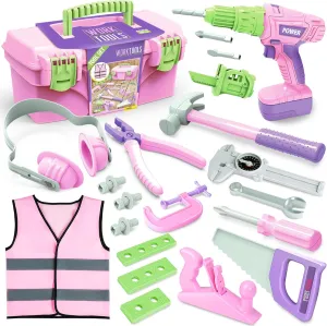 Kids Tool Set with Electric Toy Drill Tool Box for Girls, Pink Toddler Tool Set Kids Power Construction Pretend Play Tools Set Toy Hammer Tools Kit for 3 4 5 6 7 8 Year Old Girls Boy Kids Toddlers Toy