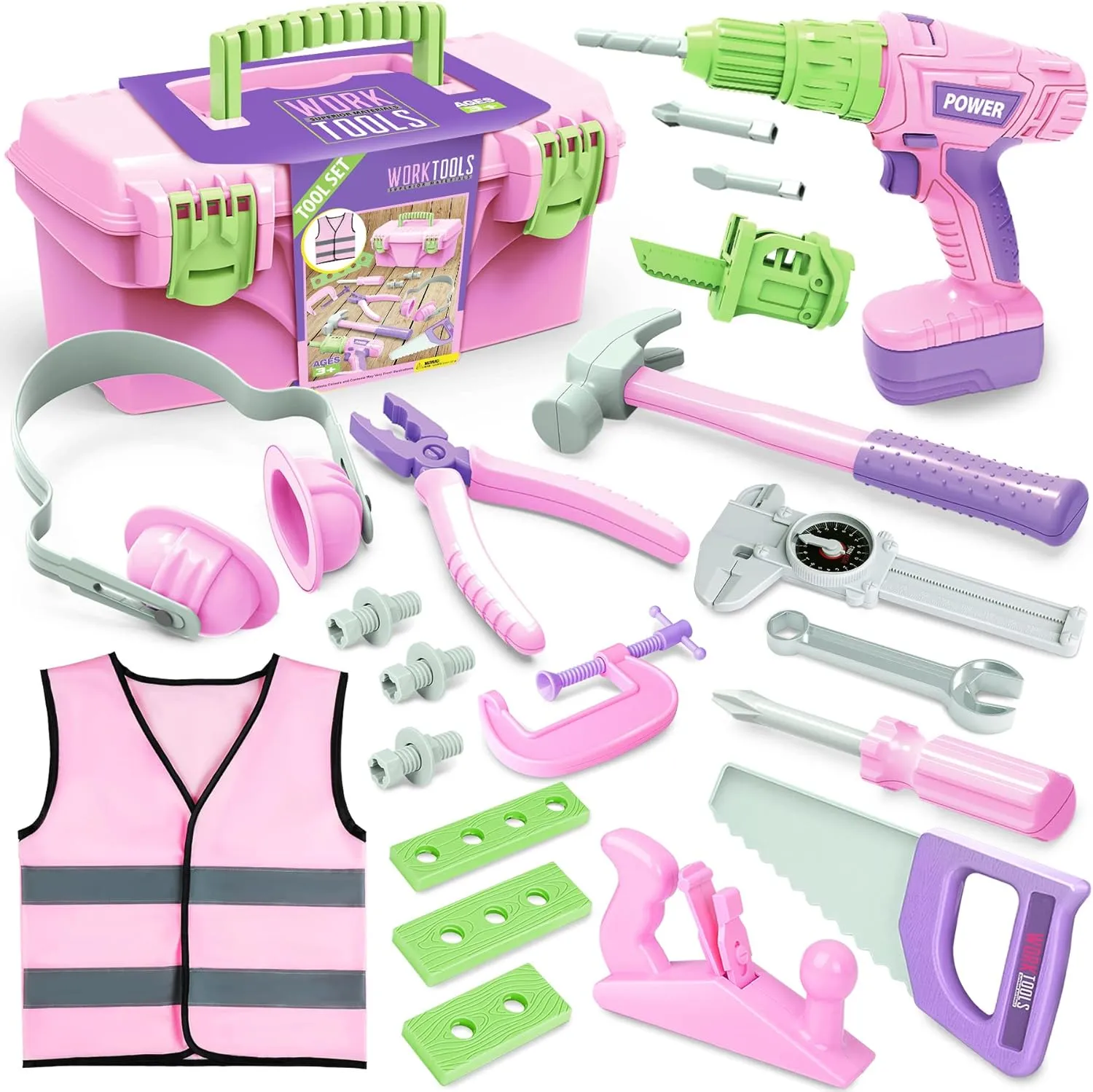 Kids Tool Set with Electric Toy Drill Tool Box for Girls, Pink Toddler Tool Set Kids Power Construction Pretend Play Tools Set Toy Hammer Tools Kit for 3 4 5 6 7 8 Year Old Girls Boy Kids Toddlers Toy