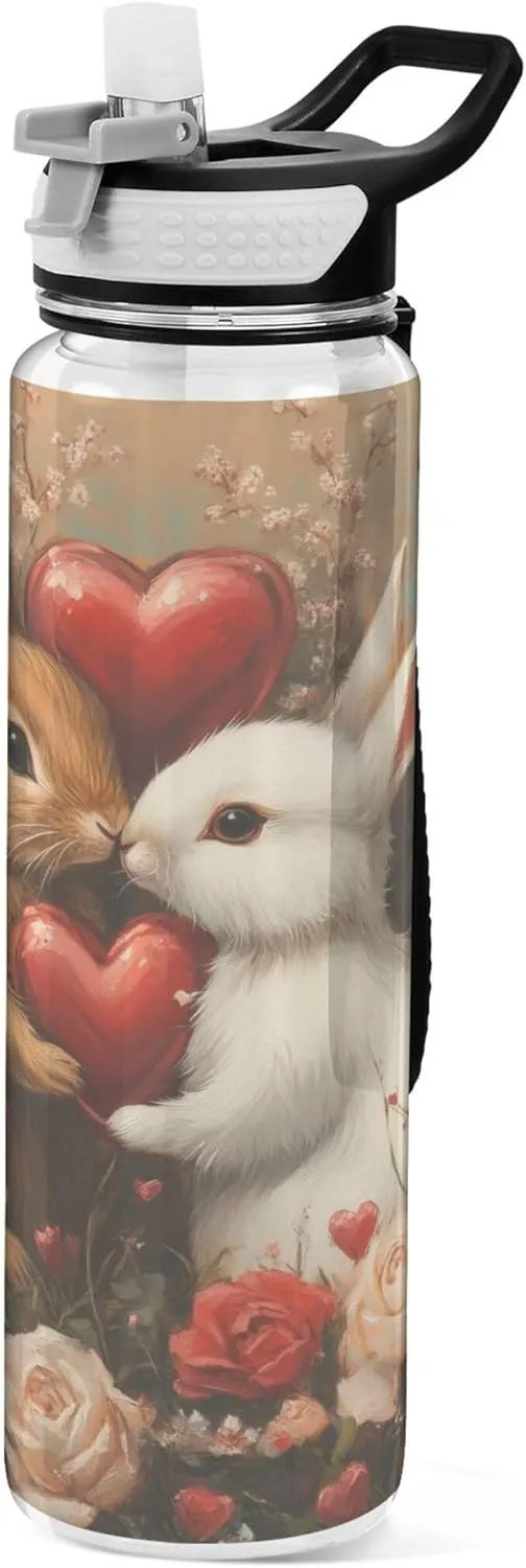 Kigai Transparent Sports Water Bottle 32oz, Bunny Love Leakproof Wide Mouth Water Bottle with Straw, BPA Free Water Jug with Detachable Strap & Handle for Fitness Gym Outdoor