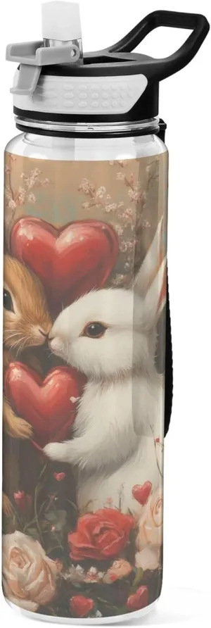 Kigai Transparent Sports Water Bottle 32oz, Bunny Love Leakproof Wide Mouth Water Bottle with Straw, BPA Free Water Jug with Detachable Strap & Handle for Fitness Gym Outdoor