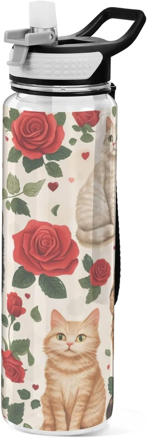Kigai Transparent Sports Water Bottle 32oz, Cats Roses Leakproof Wide Mouth Water Bottle with Straw, BPA Free Water Jug with Detachable Strap & Handle for Fitness Gym Outdoor