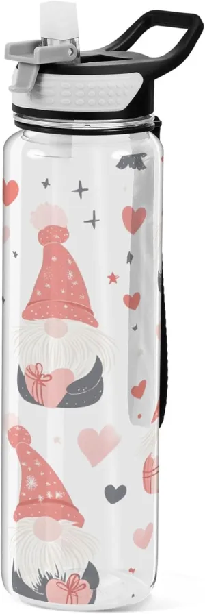 Kigai Transparent Sports Water Bottle 32oz, Cute Gnomes in Valentine's Day Leakproof Wide Mouth Water Bottle with Straw, BPA Free Water Jug with Detachable Strap & Handle for Fitness Gym Outdoor