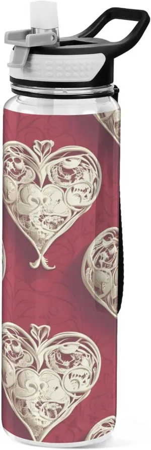 Kigai Transparent Sports Water Bottle 32oz, Delicate Hearts Leakproof Wide Mouth Water Bottle with Straw, BPA Free Water Jug with Detachable Strap & Handle for Fitness Gym Outdoor