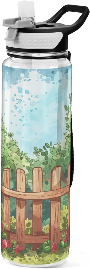 Kigai Transparent Sports Water Bottle 32oz, Fence Leakproof Wide Mouth Water Bottle with Straw, BPA Free Water Jug with Detachable Strap & Handle for Fitness Gym Outdoor