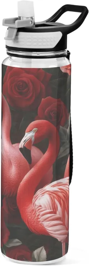 Kigai Transparent Sports Water Bottle 32oz, Flamingo Roses Leakproof Wide Mouth Water Bottle with Straw, BPA Free Water Jug with Detachable Strap & Handle for Fitness Gym Outdoor