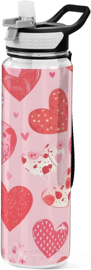 Kigai Transparent Sports Water Bottle 32oz, Heart Leakproof Wide Mouth Water Bottle with Straw, BPA Free Water Jug with Detachable Strap & Handle for Fitness Gym Outdoor