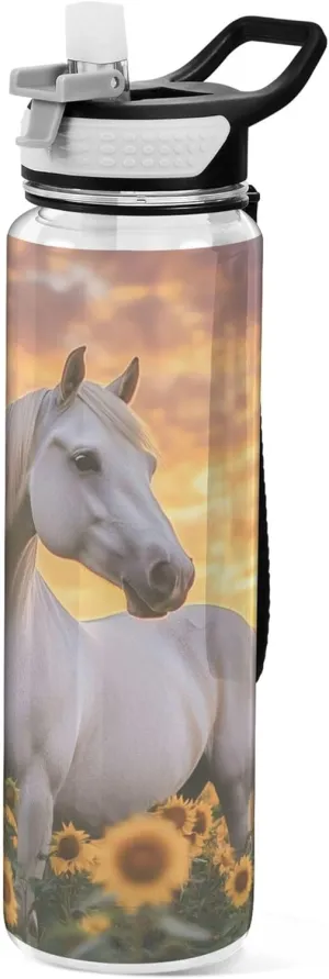 Kigai Transparent Sports Water Bottle 32oz, Horse Sunflowers Leakproof Wide Mouth Water Bottle with Straw, BPA Free Water Jug with Detachable Strap & Handle for Fitness Gym Outdoor