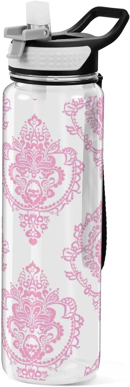 Kigai Transparent Sports Water Bottle 32oz, Lace Delicate Pattern Leakproof Wide Mouth Water Bottle with Straw, BPA Free Water Jug with Detachable Strap & Handle for Fitness Gym Outdoor
