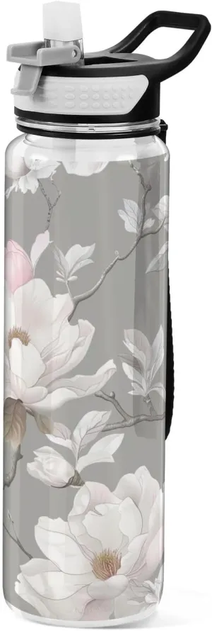 Kigai Transparent Sports Water Bottle 32oz, Magnolia Flowers Leakproof Wide Mouth Water Bottle with Straw, BPA Free Water Jug with Detachable Strap & Handle for Fitness Gym Outdoor
