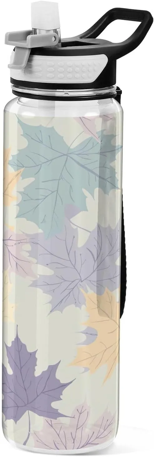 Kigai Transparent Sports Water Bottle 32oz, Maple Leaves Leakproof Wide Mouth Water Bottle with Straw, BPA Free Water Jug with Detachable Strap & Handle for Fitness Gym Outdoor