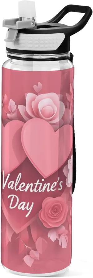 Kigai Transparent Sports Water Bottle 32oz, Pink Hearts Leakproof Wide Mouth Water Bottle with Straw, BPA Free Water Jug with Detachable Strap & Handle for Fitness Gym Outdoor