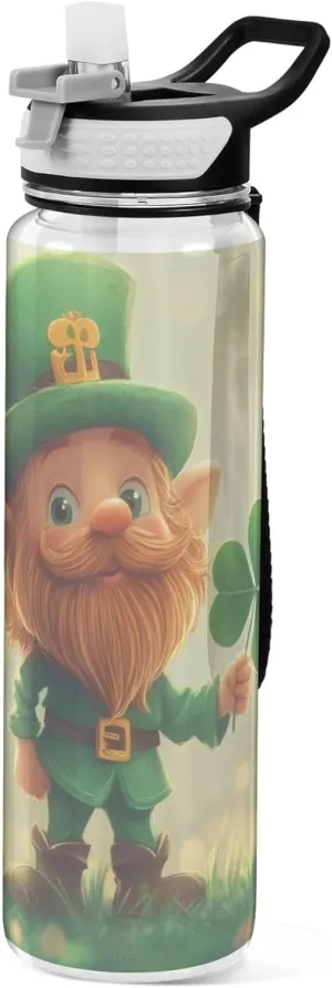 Kigai Transparent Sports Water Bottle 32oz, St. Patrick Gnomes Leakproof Wide Mouth Water Bottle with Straw, BPA Free Water Jug with Detachable Strap & Handle for Fitness Gym Outdoor
