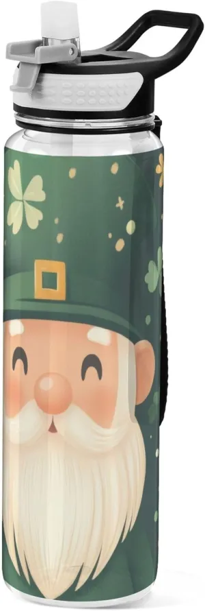 Kigai Transparent Sports Water Bottle 32oz, St. Patrick Gnomes Leakproof Wide Mouth Water Bottle with Straw, BPA Free Water Jug with Detachable Strap & Handle for Fitness Gym Outdoor