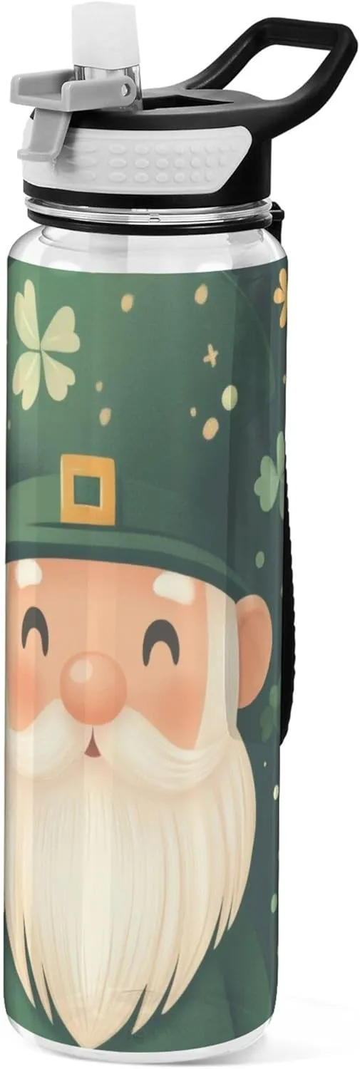 Kigai Transparent Sports Water Bottle 32oz, St. Patrick Gnomes Leakproof Wide Mouth Water Bottle with Straw, BPA Free Water Jug with Detachable Strap & Handle for Fitness Gym Outdoor