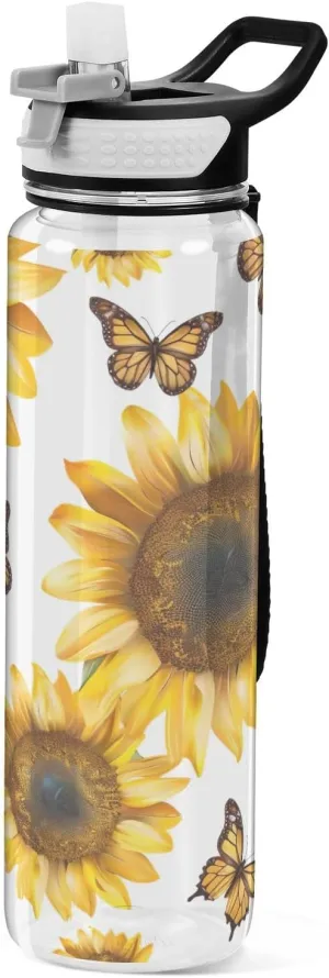 Kigai Transparent Sports Water Bottle 32oz, Sunflowers Butterflies Leakproof Wide Mouth Water Bottle with Straw, BPA Free Water Jug with Detachable Strap & Handle for Fitness Gym Outdoor