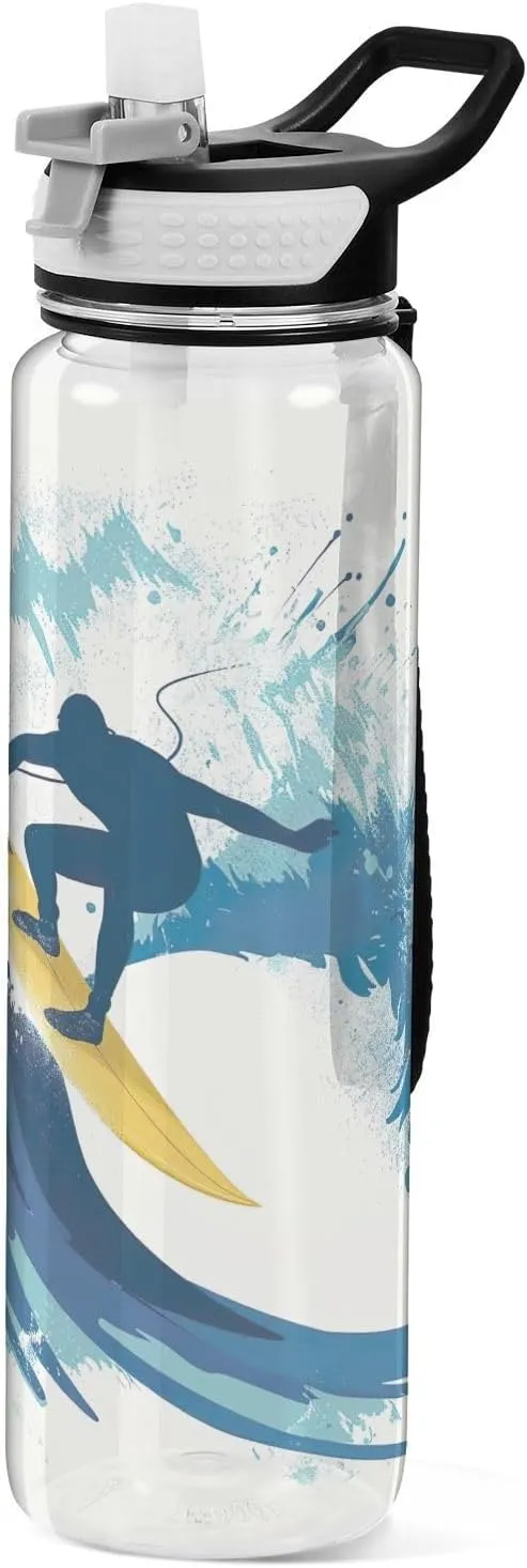 Kigai Transparent Sports Water Bottle 32oz, Surfing Leakproof Wide Mouth Water Bottle with Straw, BPA Free Water Jug with Detachable Strap & Handle for Fitness Gym Outdoor