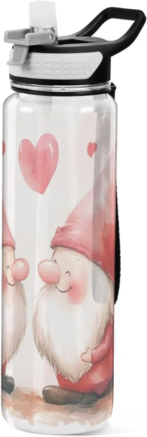 Kigai Transparent Sports Water Bottle 32oz, Valentine Love Gnomes Leakproof Wide Mouth Water Bottle with Straw, BPA Free Water Jug with Detachable Strap & Handle for Fitness Gym Outdoor