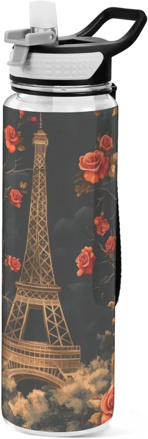 Kigai Transparent Sports Water Bottle 32oz, Valentine Paris Towel Roses Leakproof Wide Mouth Water Bottle with Straw, BPA Free Water Jug with Detachable Strap & Handle for Fitness Gym Outdoor