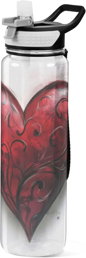 Kigai Transparent Sports Water Bottle 32oz, Valentine Red Heart Leakproof Wide Mouth Water Bottle with Straw, BPA Free Water Jug with Detachable Strap & Handle for Fitness Gym Outdoor