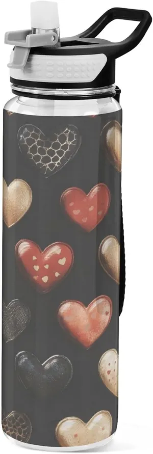 Kigai Transparent Sports Water Bottle 32oz, Valentine Stone Heart Leakproof Wide Mouth Water Bottle with Straw, BPA Free Water Jug with Detachable Strap & Handle for Fitness Gym Outdoor