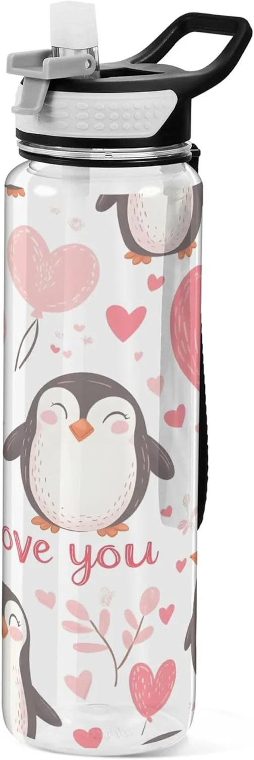 Kigai Transparent Sports Water Bottle 32oz, Valentine's Day Cute Penguins Leakproof Wide Mouth Water Bottle with Straw, BPA Free Water Jug with Detachable Strap & Handle for Fitness Gym Outdoor