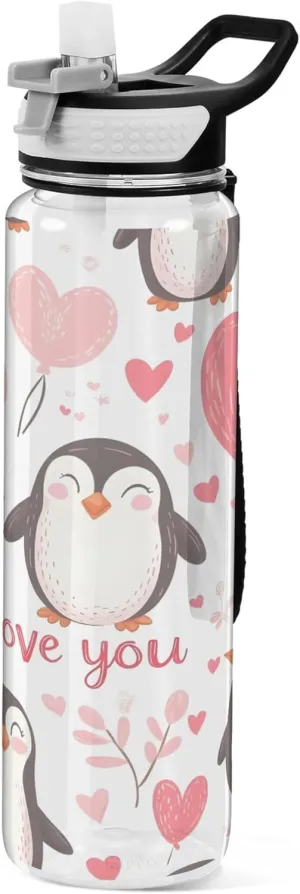 Kigai Transparent Sports Water Bottle 32oz, Valentine's Day Cute Penguins Leakproof Wide Mouth Water Bottle with Straw, BPA Free Water Jug with Detachable Strap & Handle for Fitness Gym Outdoor