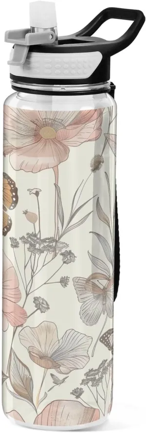 Kigai Transparent Sports Water Bottle 32oz, Vintage Floral Leakproof Wide Mouth Water Bottle with Straw, BPA Free Water Jug with Detachable Strap & Handle for Fitness Gym Outdoor