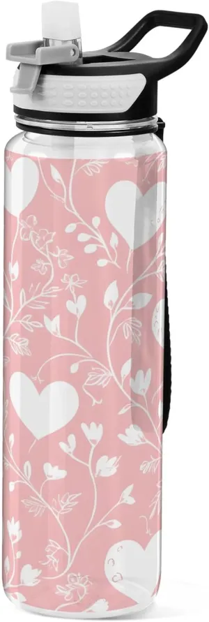 Kigai Transparent Sports Water Bottle 32oz, White Hearts Leakproof Wide Mouth Water Bottle with Straw, BPA Free Water Jug with Detachable Strap & Handle for Fitness Gym Outdoor