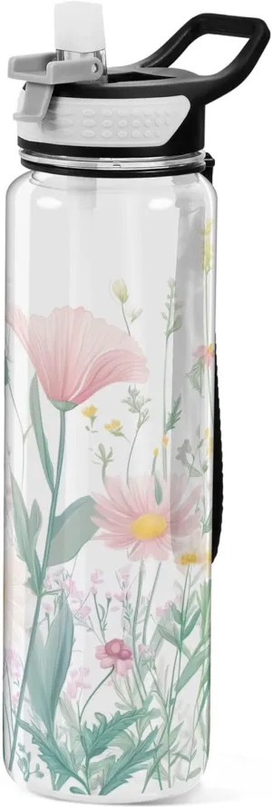 Kigai Transparent Sports Water Bottle 32oz, Wildflowers Leakproof Wide Mouth Water Bottle with Straw, BPA Free Water Jug with Detachable Strap & Handle for Fitness Gym Outdoor