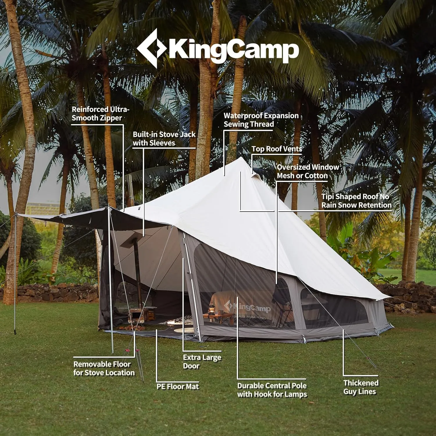 KingCamp Canvas Bell Yurt Tents, 4 Seasons Large Waterproof & Windproof Luxury Glamping Tent w/Stove Jack for Family Outdoor Camping, Hunting, Parties