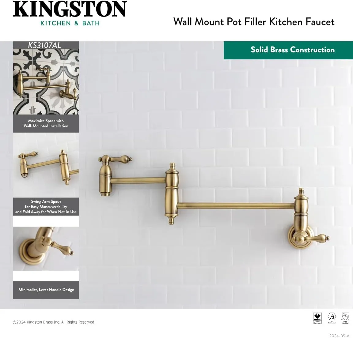 Kingston Brass KS3107AL Wall Mount Pot Filler Kitchen Faucet, Brushed Brass 20 x 2.63 x 8