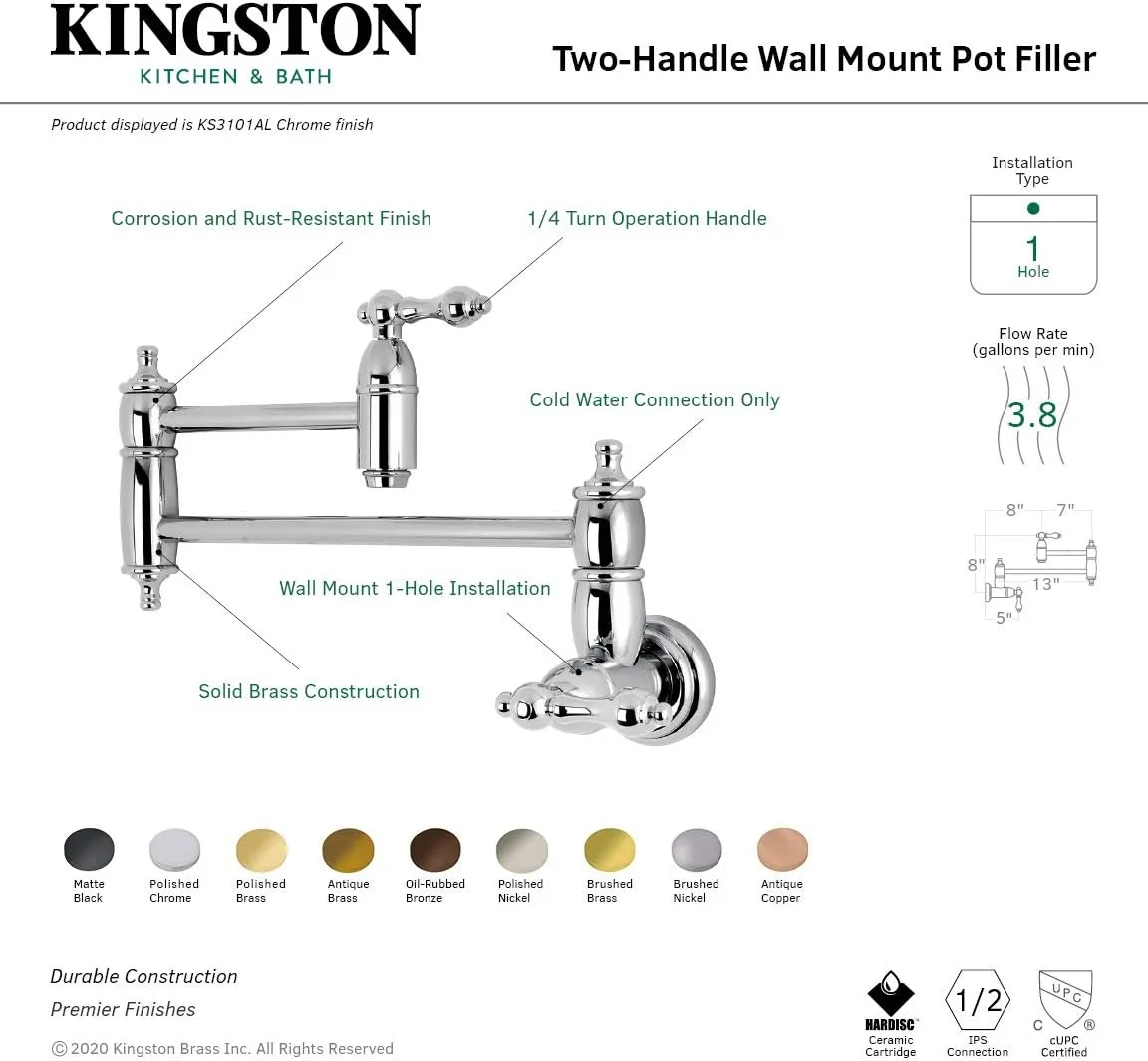 Kingston Brass KS3107AL Wall Mount Pot Filler Kitchen Faucet, Brushed Brass 20 x 2.63 x 8